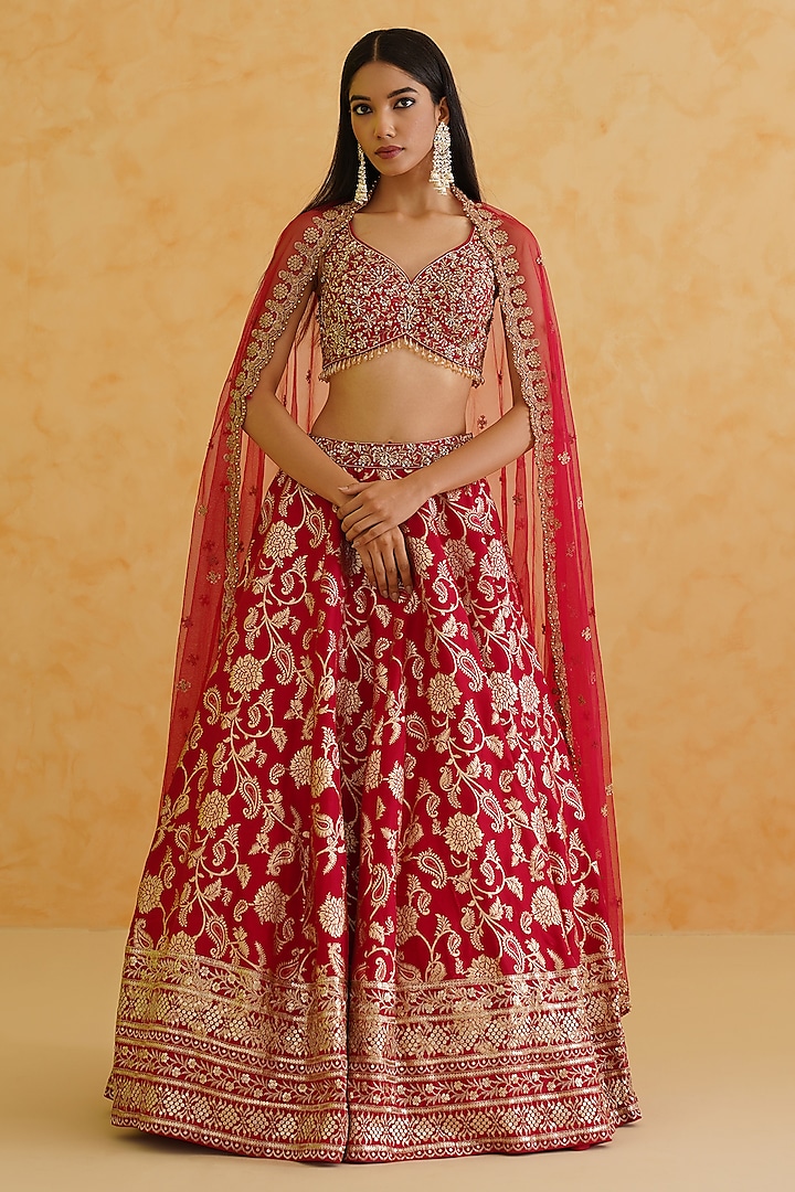 Fuschia Brocade Sequins & Crystal Hand Embroidered Wedding Lehenga Set by Deepika Chadha at Pernia's Pop Up Shop