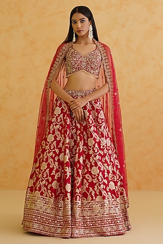 Fuschia Brocade Sequins & Crystal Hand Embroidered Lehenga Set by Deepika Chadha