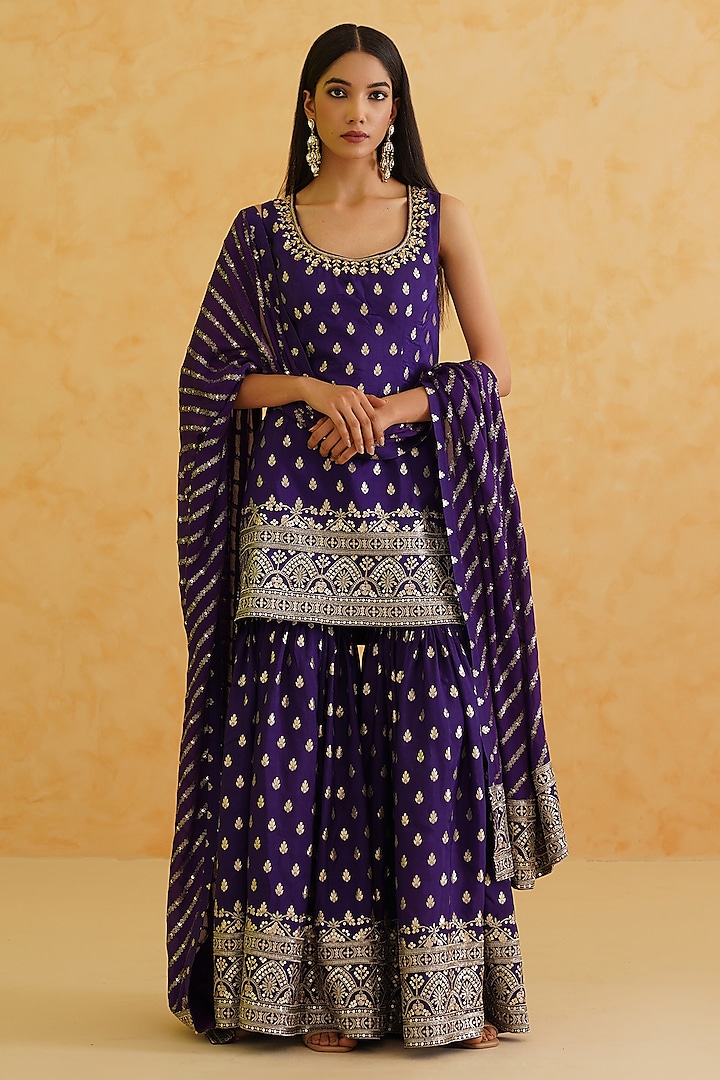 Purple Brocade Sequins & Crystal Hand Embroidered Sharara Set by Deepika Chadha at Pernia's Pop Up Shop