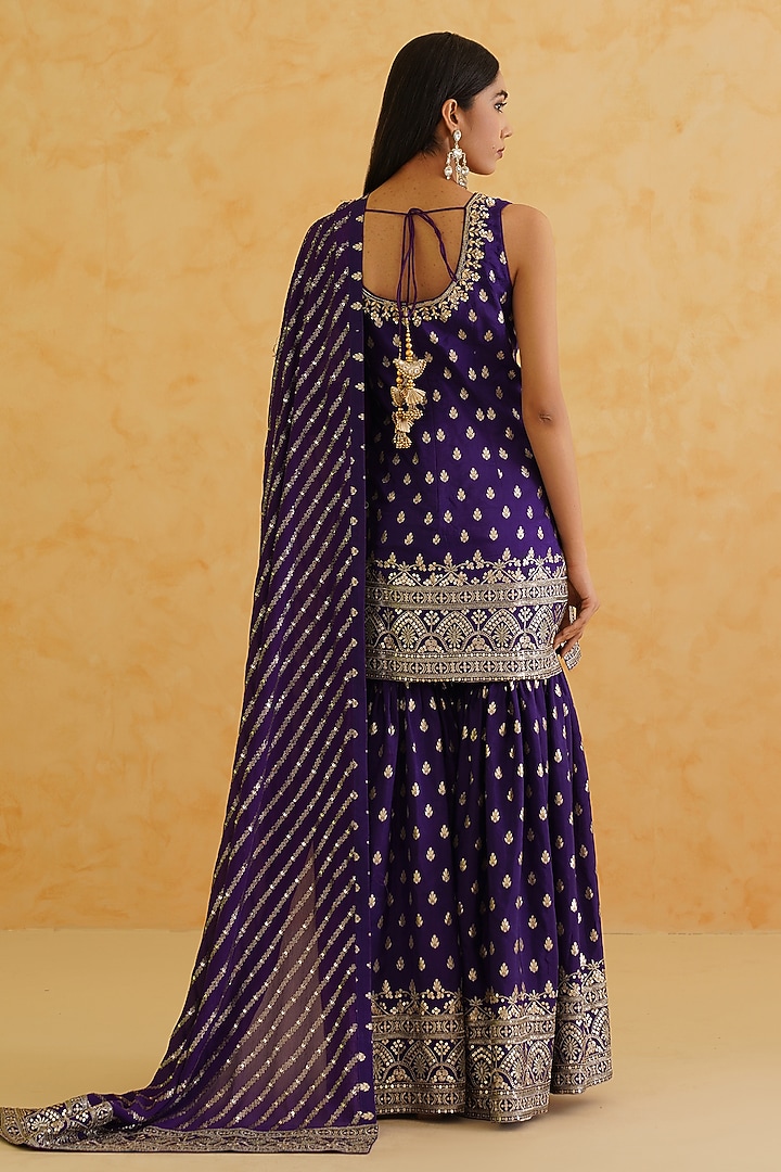 Purple Brocade Sequins & Crystal Hand Embroidered Wedding Sharara Set by Deepika Chadha at Pernia's Pop Up Shop