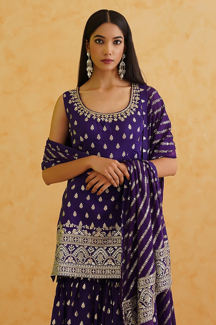 Purple Brocade Sequins & Crystal Hand Embroidered Wedding Sharara Set by Deepika Chadha at Pernia's Pop Up Shop