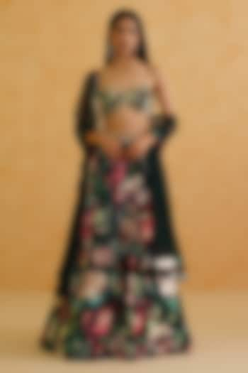 Green Georgette Floral Printed Wedding Lehenga Set by Deepika Chadha at Pernia's Pop Up Shop