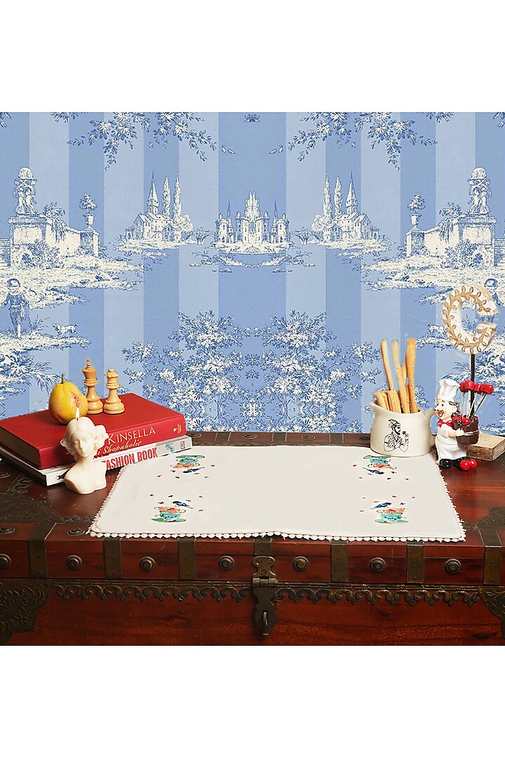 White Organic Cotton Digital Printed Tea Dessert Table Mat Set by DE CHEVALERiE en Rouge