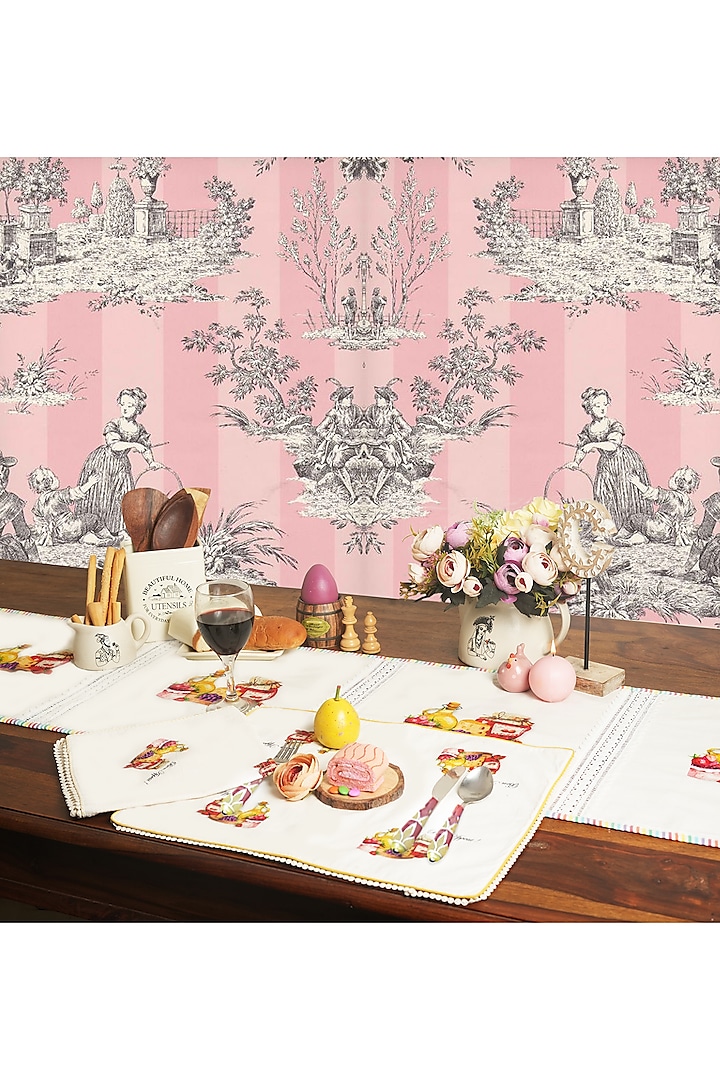 White Organic Cotton Rose Macaron Printed Table Mat Set by DE CHEVALERiE en Rouge