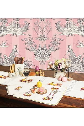 White Organic Cotton Rose Macaron Printed Table Mat Set by DE CHEVALERiE en Rouge
