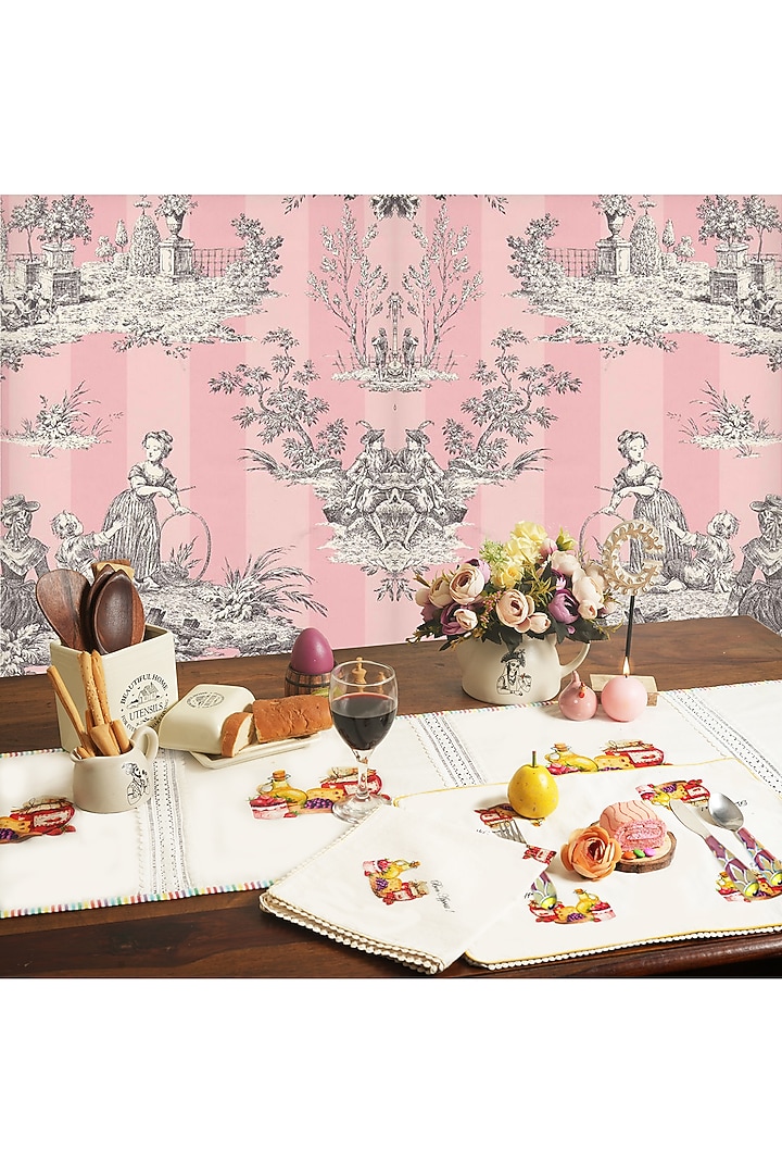 White Organic Cotton Rose Macaron Printed Table Napkin Set by DE CHEVALERiE en Rouge at Pernia's Pop Up Shop