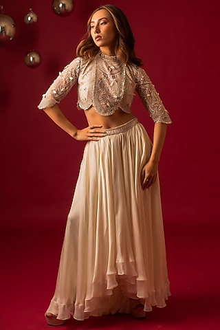 Ivory Satin & Organza Asymmetrical Skirt Set by December