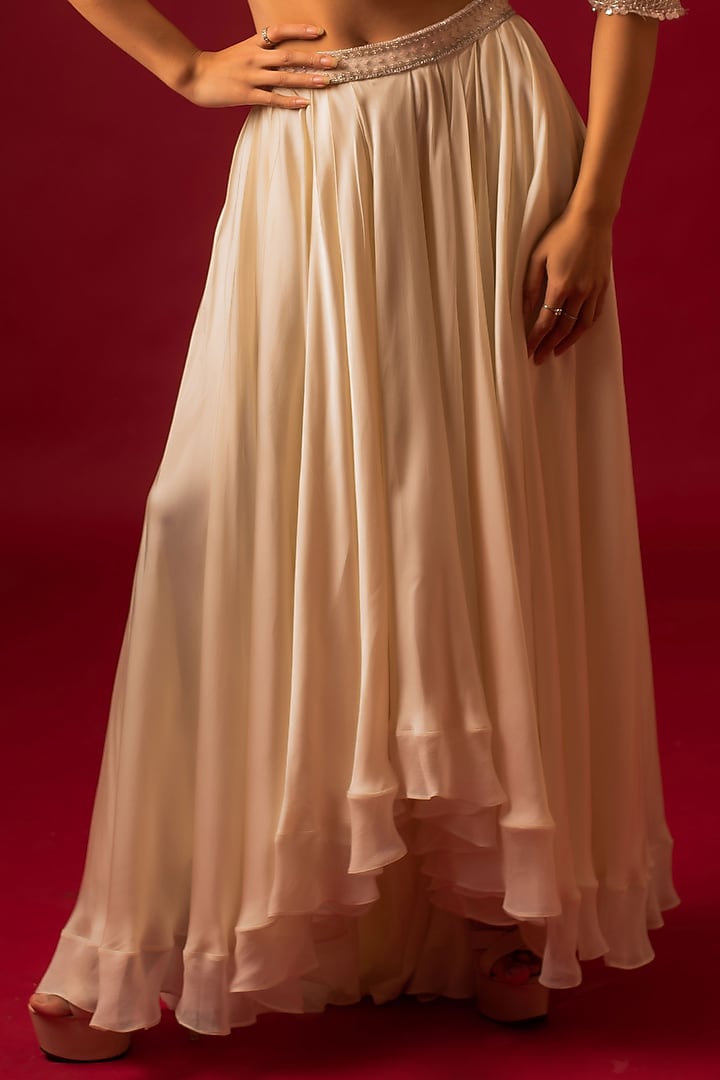 Ivory Satin & Organza Asymmetrical Skirt Set by December at Pernia's Pop Up Shop