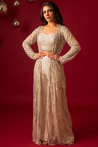 Ivory Net Hand Embroidered Jacket Set by December