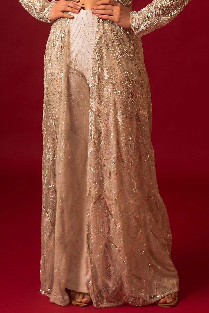 Ivory Net Hand Embroidered Jacket Set by December at Pernia's Pop Up Shop