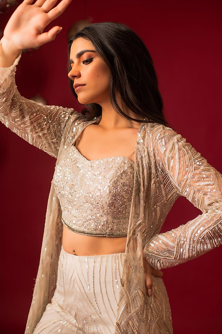 Ivory Net Hand Embroidered Jacket Set by December at Pernia's Pop Up Shop