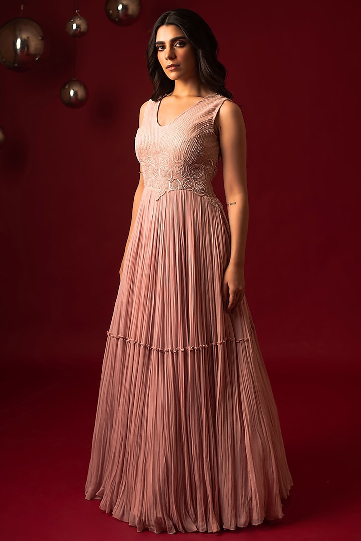 Pink Viscose & Organza Hand Embroidered Ruched Gown by December