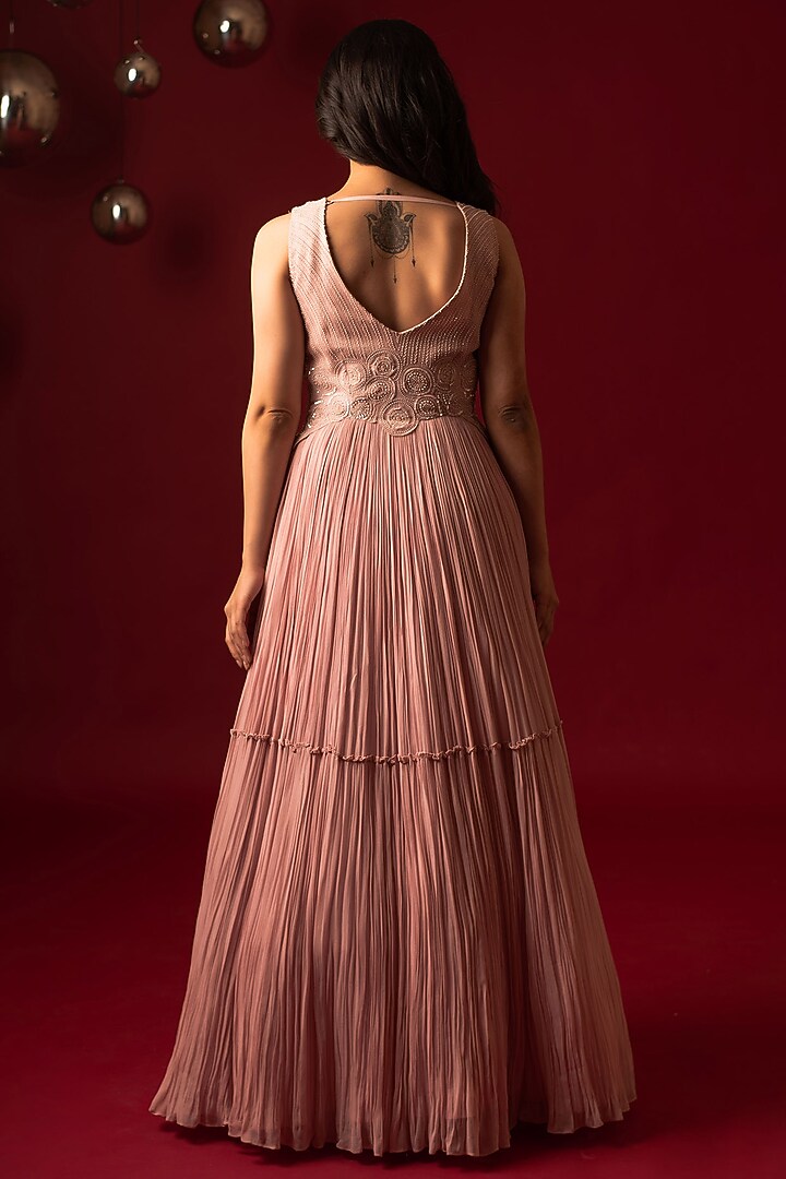 Pink Viscose & Organza Hand Embroidered Ruched Engagement Gown by December at Pernia's Pop Up Shop