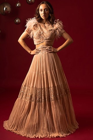 Peach Viscose & Organza Skirt Set by December