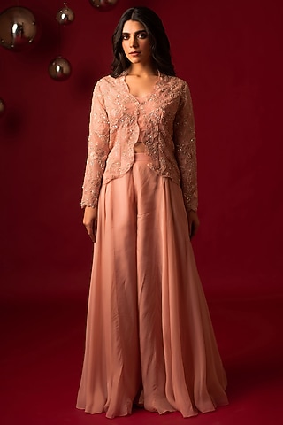 Peach Net & Organza Hand Embroidered Jacket Set by December