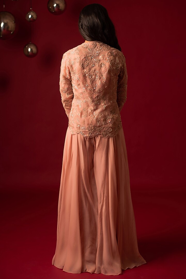 Peach Net & Organza Hand Embroidered Jacket Set by December at Pernia's Pop Up Shop