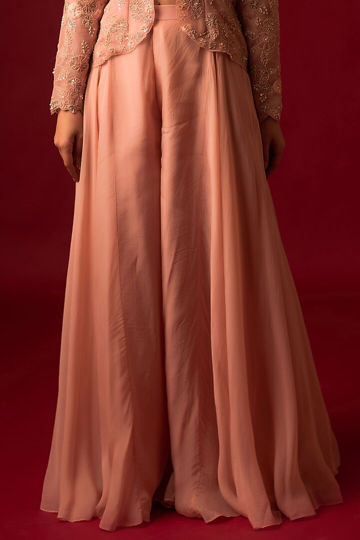 Peach Net & Organza Hand Embroidered Jacket Set by December at Pernia's Pop Up Shop