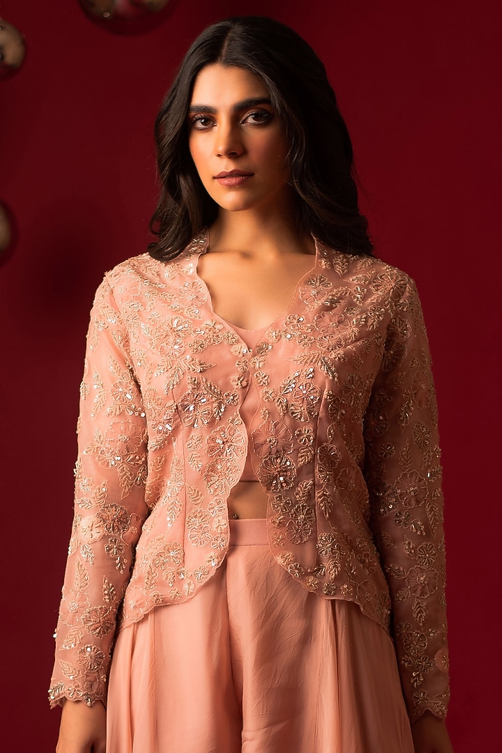 Peach Net & Organza Hand Embroidered Jacket Set by December at Pernia's Pop Up Shop