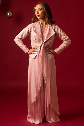 Pink Chanderi Hand Embroidered Jacket Set by December