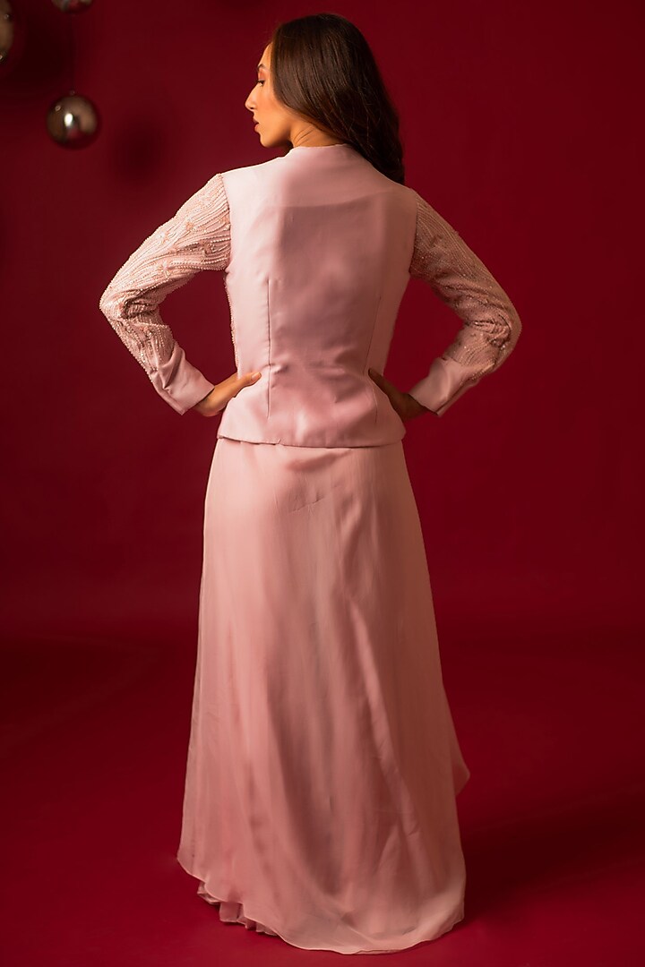 Pink Chanderi Hand Embroidered Jacket Set by December at Pernia's Pop Up Shop