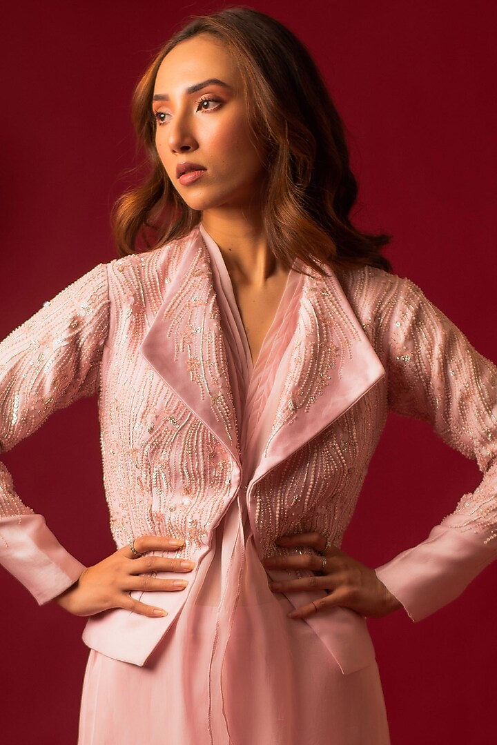 Pink Chanderi Hand Embroidered Jacket Set by December at Pernia's Pop Up Shop
