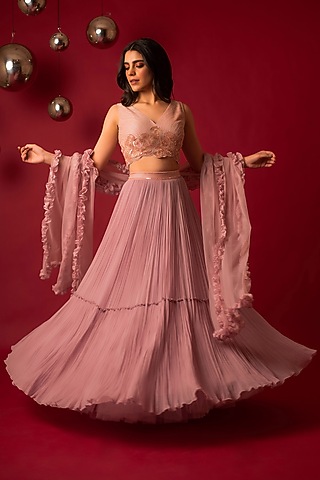Pink Organza Ruched Lehenga Set by December