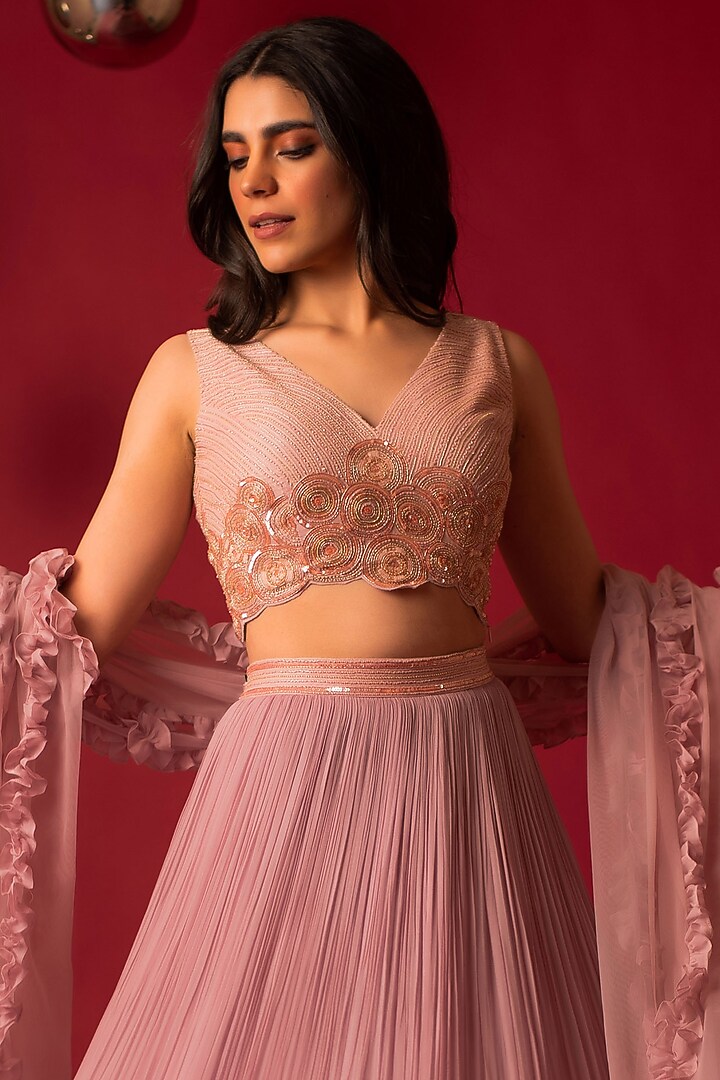 Pink Organza Ruched Wedding Lehenga Set by December at Pernia's Pop Up Shop