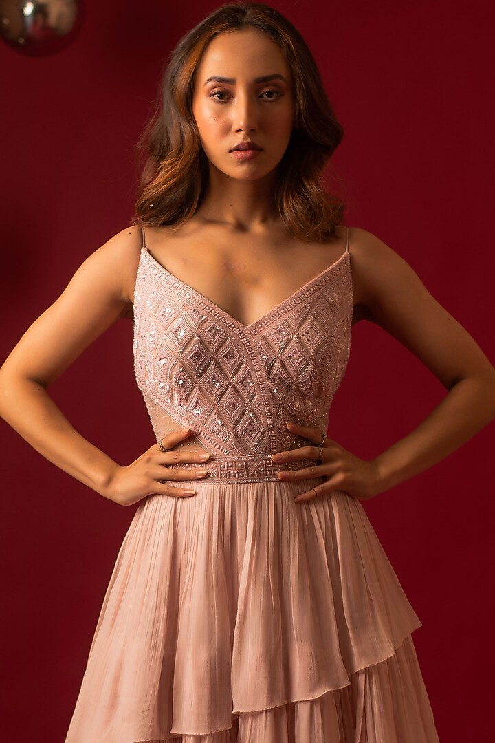 Pink Viscose & Net Hand Embroidered Layered Engagement Gown by December at Pernia's Pop Up Shop