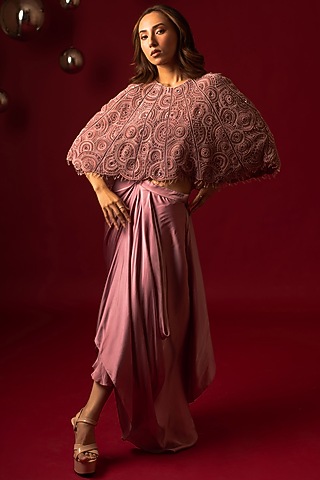 Onion Pink Satin Draped Skirt Set by December
