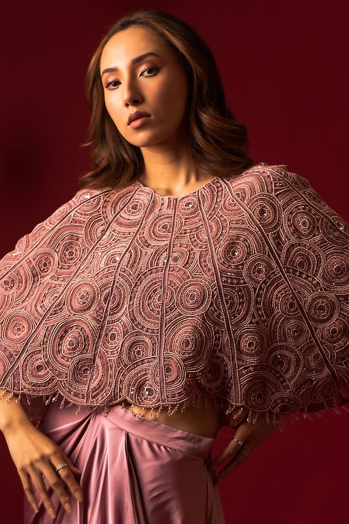 Onion Pink Satin Draped Skirt Set by December at Pernia's Pop Up Shop