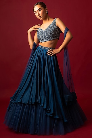 Teal Blue Satin Layered Lehenga Set by December