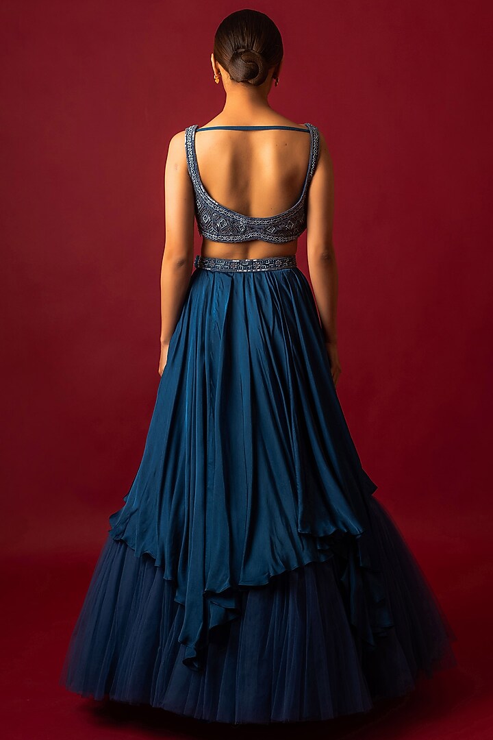 Teal Blue Satin Layered Wedding Lehenga Set by December at Pernia's Pop Up Shop