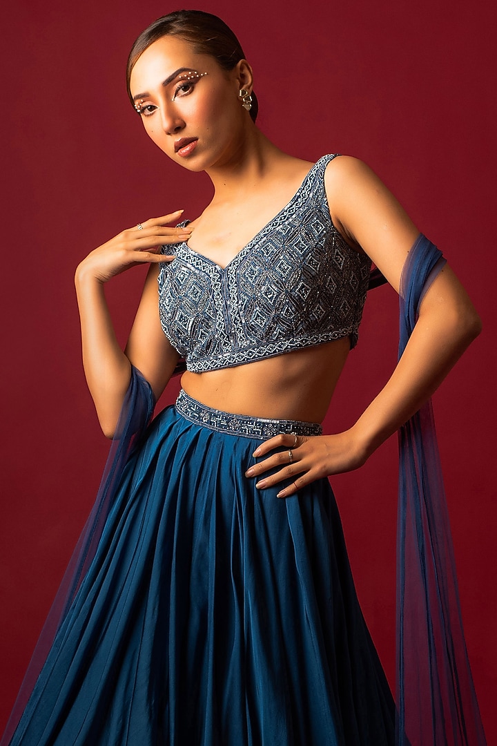 Teal Blue Satin Layered Wedding Lehenga Set by December at Pernia's Pop Up Shop