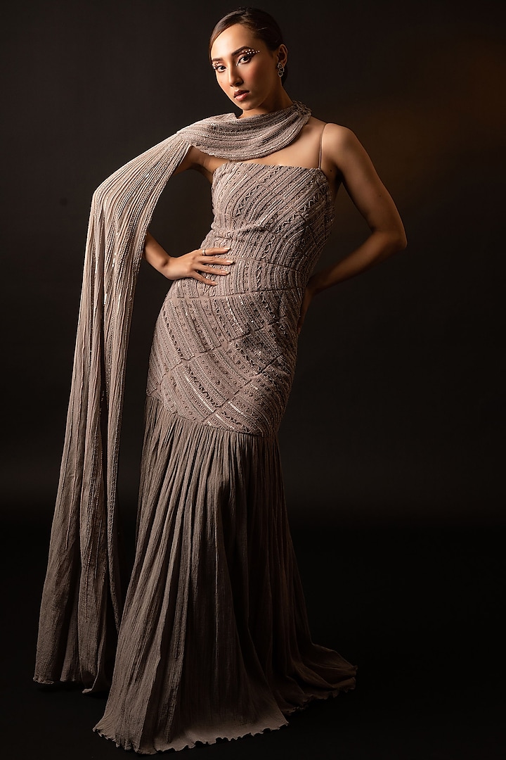Grey Viscose Mermaid Ruched Gown With Cape by December