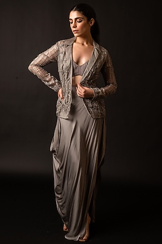 Grey Satin Draped Skirt Set by December