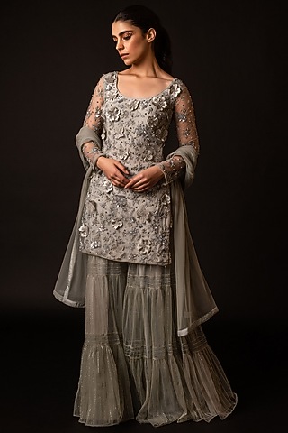 Grey Organza & Net Hand Embroidered Kurta Set by December
