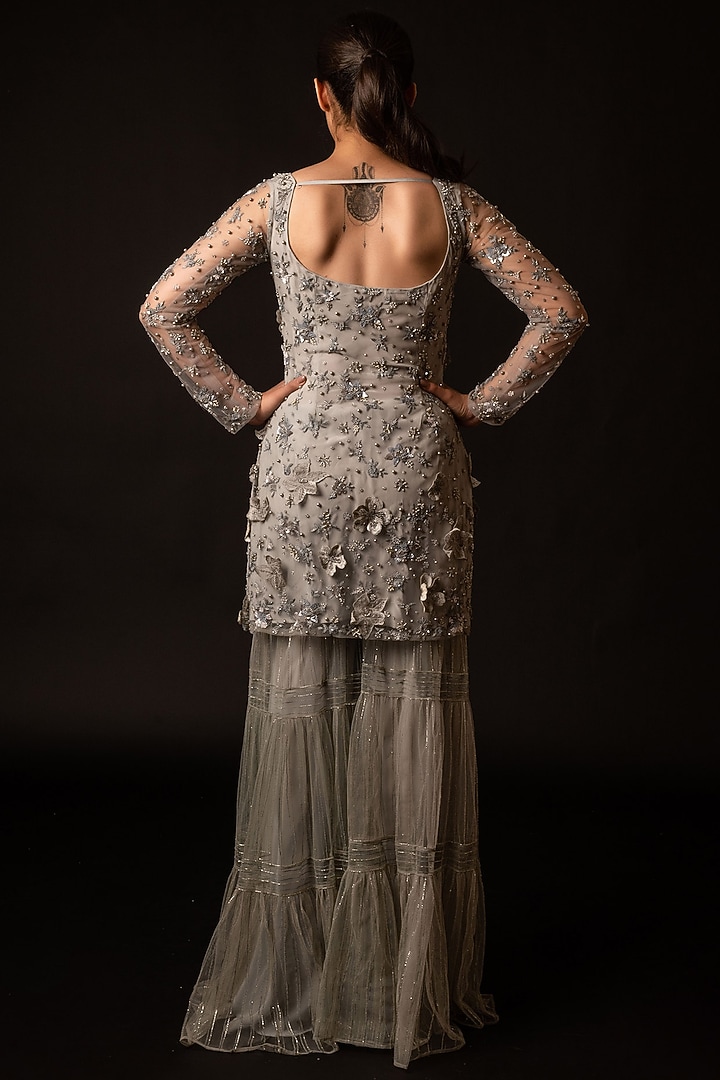 Grey Organza & Net Hand Embroidered Kurta Set by December at Pernia's Pop Up Shop