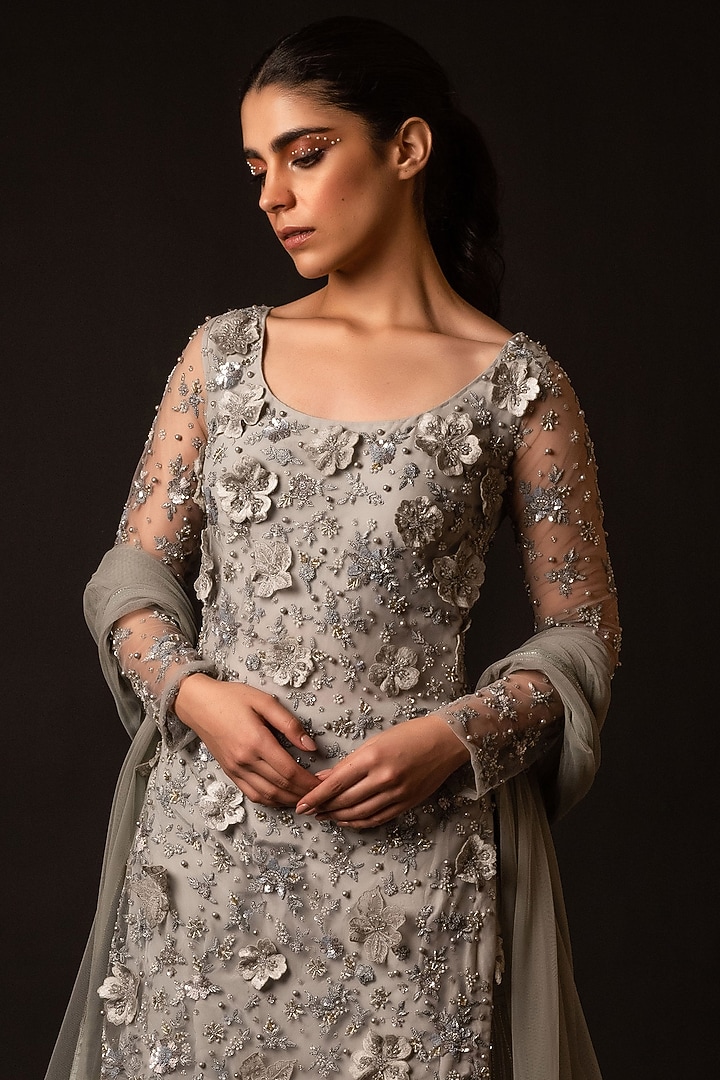 Grey Organza & Net Hand Embroidered Kurta Set by December at Pernia's Pop Up Shop