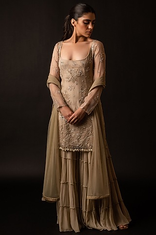 Peach Organza Hand Embroidered Kurta Set by December