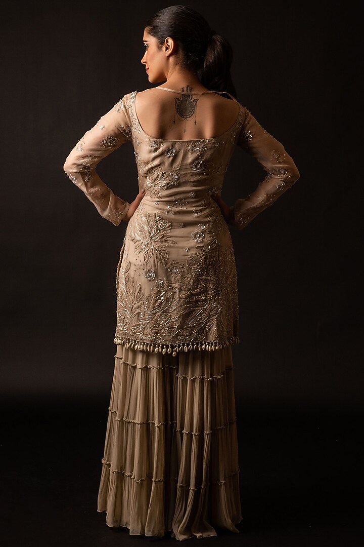 Peach Organza Hand Embroidered Kurta Set by December at Pernia's Pop Up Shop