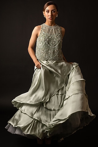 Green Satin Layered Skirt Set by December