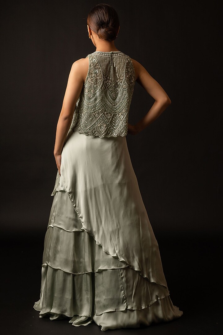 Green Satin Layered Skirt Set by December at Pernia's Pop Up Shop