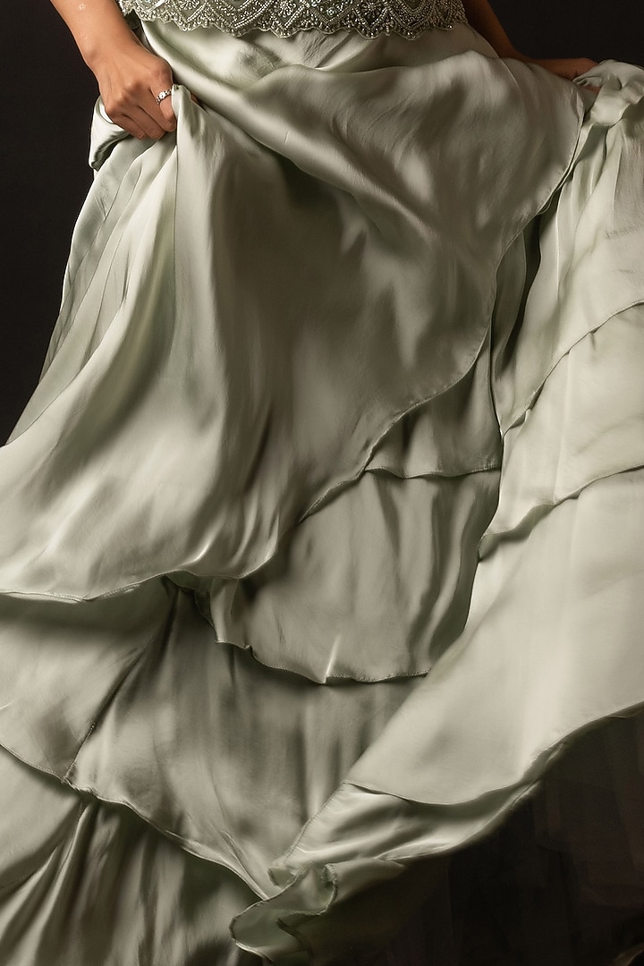 Green Satin Layered Skirt Set by December at Pernia's Pop Up Shop