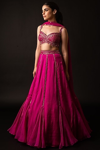 Pink Satin & Organza Lehenga Set by December