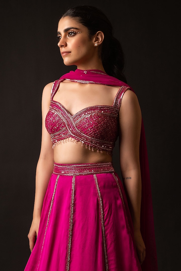 Pink Satin & Organza Wedding Lehenga Set by December at Pernia's Pop Up Shop