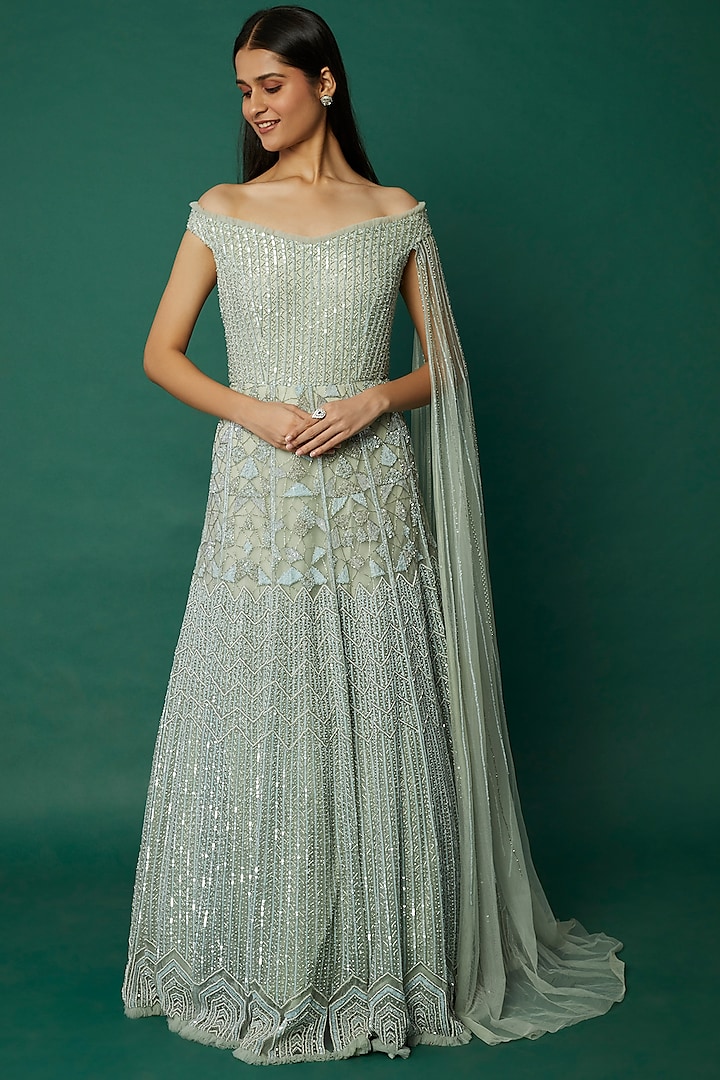 Sea Blue Net Gown With Trail Sleeve by December