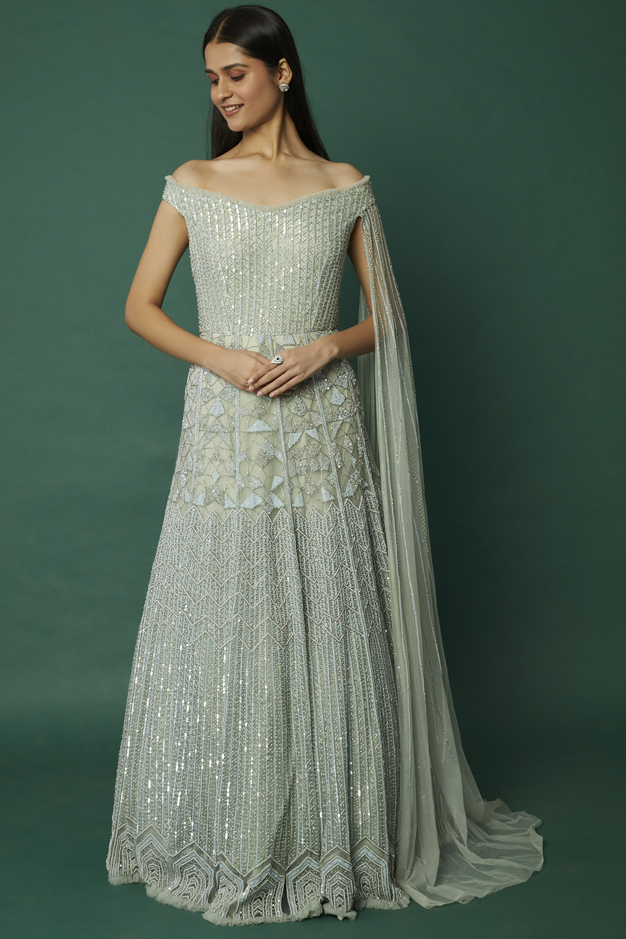 Sea Blue Net Gown With Trail Sleeve by December