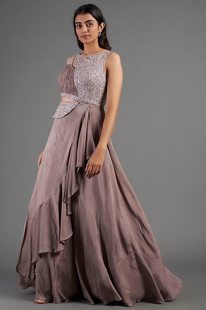 Brown Hand Embroidered Draped Gown by December