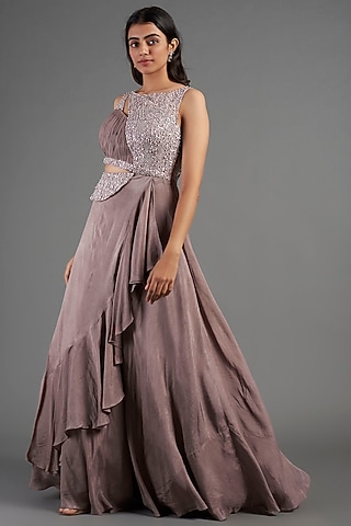 Brown Hand Embroidered Draped Gown by December