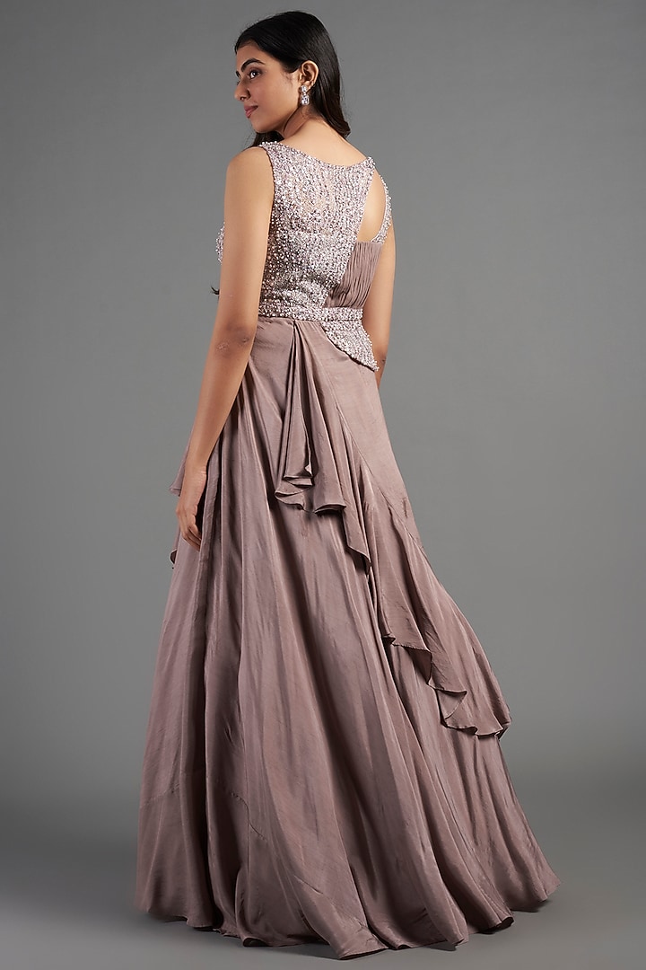 Brown Hand Embroidered Draped Gown by December at Pernia's Pop Up Shop